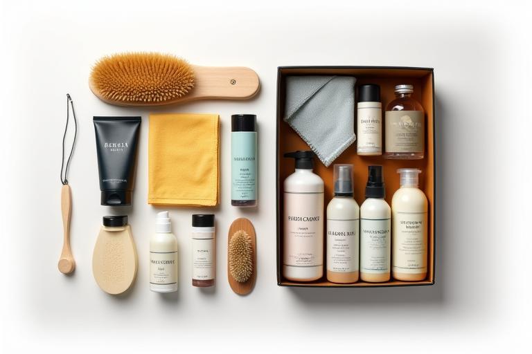 Arrangement of various shoe care products like brushes, creams, and sprays.